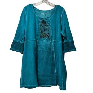 Soft Surroundings Petite L Teal Rhiannon Tunic Top Beaded Embroidery 3/4 Sleeve